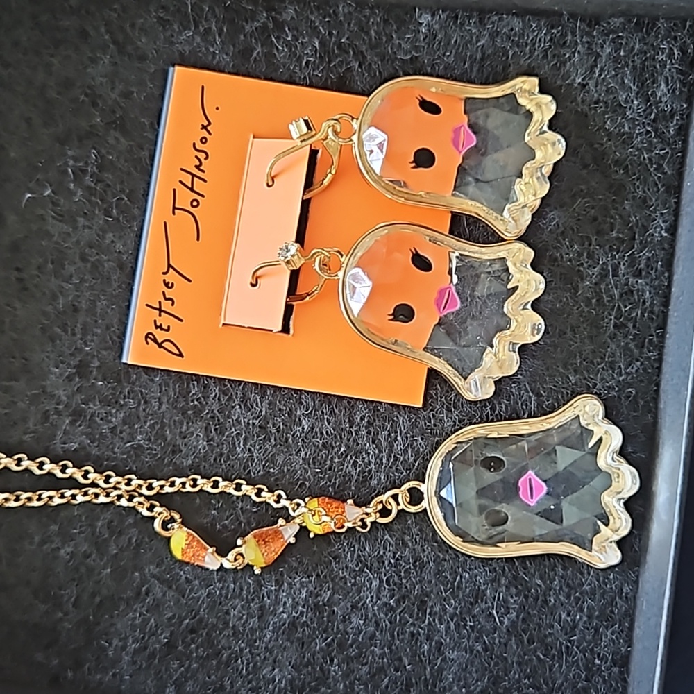 Betsey Johnson  Girl Ghost Halloween Dangle Earrings and matching Necklace